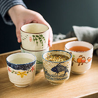 陶煲王 日式陶瓷水杯家用彩绘茶杯套装复古清酒杯功夫茶具 杨柳-六个装