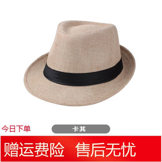 墨姿岚春夏季男士小礼帽纯色麻料带色丁爵士帽男帽老人帽子遮阳帽子 卡其色 均码