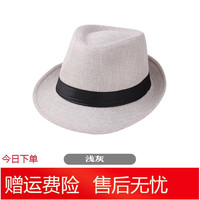 墨姿岚春夏季男士小礼帽纯色麻料带色丁爵士帽男帽老人帽子遮阳帽子 浅灰 均码