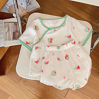 小还美 儿童中国风家居服套装宝宝夏季薄款泡芙棉睡衣 红西瓜 120cm