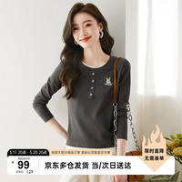 尚都比拉兔子刺绣假两件圆领长袖t恤女春秋外穿显瘦女装上衣 深灰色 S