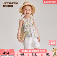 PawinPaw卡通小熊童装2024年夏女宝宝满印小飞袖短裤套装 L/Green浅绿色/41 90cm