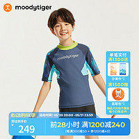 moodytiger儿童泳衣24夏季水上运动防晒泳衣男女童泳装短袖分体式 翎羽蓝-上衣 120cm