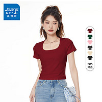 JEANSWEST 真维斯 短款t恤女夏季紧身显瘦短袖女装方领设计休闲百搭半袖上衣服 酒红 纯色 L