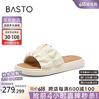 BASTO 百思图 24夏褶皱一字拖平底外穿女拖鞋VMN11BT4 米白 35