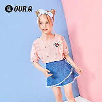 OURQ青少年童装女童夏装2018新款短袖学生棉质印花衬衫OOUG-BS53C