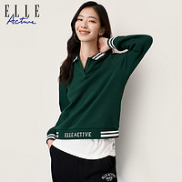 ELLE Active 2023初秋款复古绿色polo领卫衣女学院风宽松长袖衫