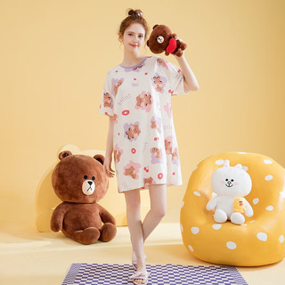芬腾睡裙女士纯棉【布朗熊IP】2024年夏季薄款服帖圆领柔软短袖家居服