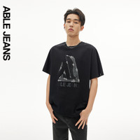 ABLE JEANS 24夏季男士TEE洗水涂鸦绣花LOGO宽松短袖T恤男 黑色- XXS