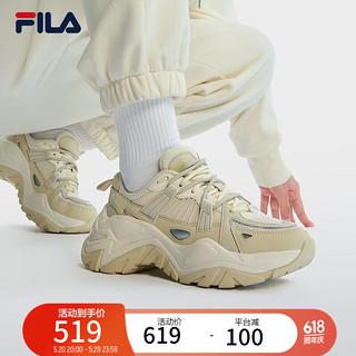 FILA 斐乐 鱼刺1S+女鞋厚底老爹鞋秋摩登休闲鞋 奶白/米色-GB 37.5