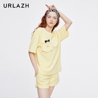 有兰（URLAZH）夏季复古洋气华夫格圆领休闲宽松短袖T恤女LL2TE15 鹅黄色 M
