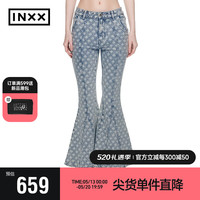 英克斯（inxx）时尚潮牌高腰提花牛仔裤女式喇叭裤XXE2220316 牛仔蓝色