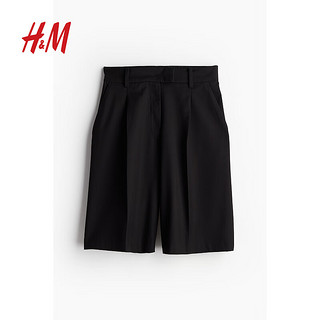 H&M女装休闲裤2024夏季高腰直筒宽松版型梭织五分短裤1229008 黑色 155/60