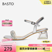 BASTO 百思图 奥莱夏季新款商场同款闪钻一字带粗跟女凉鞋TNE23BL3