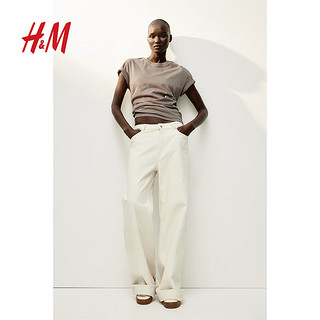 H&M女装T恤2024夏季米灰色棉质直裁短袖罗纹圆领上衣0963662 米灰色 XL