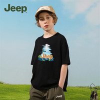 Jeep吉普儿童短袖T恤季中大童运动速干衣修身休闲男童上衣 黑色-1352 160cm