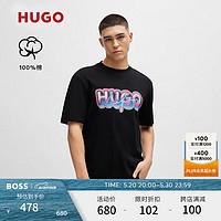 HUGO【100%棉】 男士2024夏季图案装饰棉质平纹短袖T恤 001-黑色 XL
