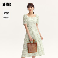 森马 Semir连衣裙女盘扣开叉国风浪漫甜美夏季优雅方领蕾丝碎花裙小清新