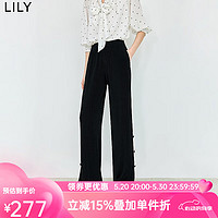 LILY2024夏新款女装设计感微皱肌理显瘦直筒洋气开叉垂坠感休闲裤 510黑