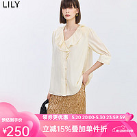 LILY2024夏新款女装浪漫荷叶花边V领天丝垂坠感七分袖通勤款衬衫 703