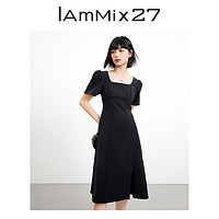 IAmMIX27法式方领连衣裙女a字收腰显瘦赫本风黑色侧开叉中长裙子