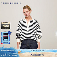 TOMMY HILFIGER24春夏女纯棉学院条纹五粒扣宽松落肩POLO领卫衣41233 米白条纹04T