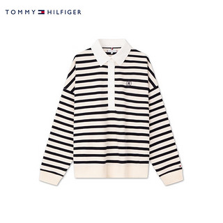 TOMMY HILFIGER24春夏女纯棉学院条纹五粒扣宽松落肩POLO领卫衣41233 米白条纹04T M