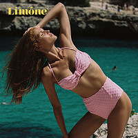 Limone 2024度假季新款棋盘格毛巾料挂脖抹胸分体泳衣女沙滩比基尼
