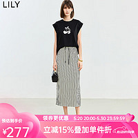 LILY2024夏女装复古时尚条纹松紧腰显瘦垂坠感气质直筒半身裙 601白色 M