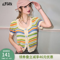 妖精的口袋彩色条纹针织短袖女2024年早春修身显瘦设计感上衣 缤纷彩色 S