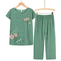 科百伦 中老年夏季女装妈妈装休闲两件套宽松奶奶装棉麻套装k34-9 绿色 XXXL(110-125斤)