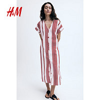 H&M女装裙装2024夏季正面系扣绉织连衣裙1236994 白色/红色条纹 155/80 XS