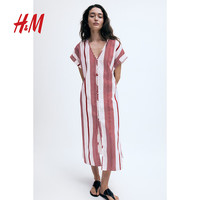 H&M女装裙装2024夏季正面系扣绉织连衣裙1236994 白色/红色条纹 155/80 XS