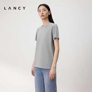 朗姿/LANCY2024夏季灰色圆领亮粉短袖t恤宽松正肩百搭上衣女 中灰色 M