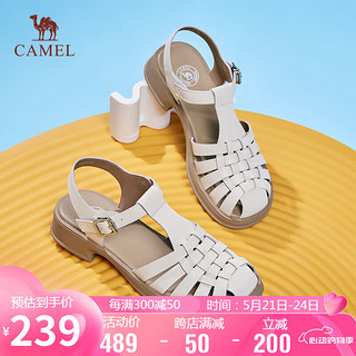 骆驼（CAMEL）罗马鞋女文艺风牛皮织丁字搭扣粗跟凉鞋 L24M153671 米白 37
