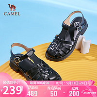 骆驼（CAMEL）罗马鞋女文艺风牛皮织丁字搭扣粗跟凉鞋 L24M153671 黑色 37 