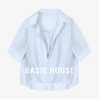 Basic House/X百家好夏季气质小众翻领女短款衬衫-B0624B5U382 蓝色 M110-120斤