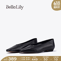 Bella Lily2024春季法式尖头单鞋女羊皮不累脚平底鞋气质瓢鞋 黑色 36