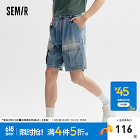 Semir 森马 牛仔中裤男2024夏季宽松直筒工装裤潮流复古做旧五分短裤 牛仔中蓝88201 31