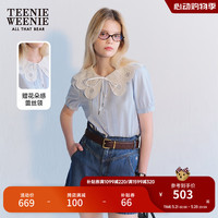 Teenie Weenie小熊2024年夏季新款蕾丝娃娃领短袖衬衫泡泡袖少女感 浅蓝色 1