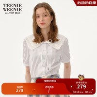 Teenie Weenie小熊女装2024夏装新款少女风蕾丝边翻领短袖衬衫上衣 浅蓝色 16