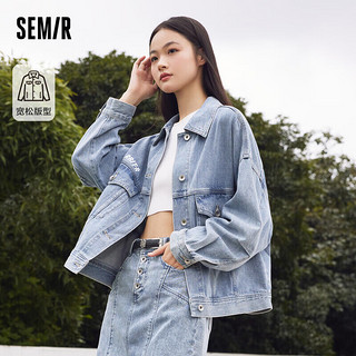 森马（Semir）牛仔外套女撞色翻领印花夹克春秋款潮流宽松秋装103522108012 牛仔中蓝0820 M