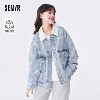 森马（Semir）牛仔外套女撞色翻领印花夹克春秋款潮流宽松秋装103522108012 牛仔浅蓝0810 XS