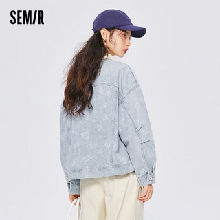 森马（Semir）牛仔外套女撞色翻领印花夹克春秋款潮流宽松秋装103522108012 牛仔浅蓝0810 XS