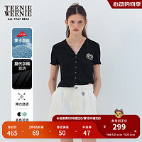 Teenie Weenie小熊2024夏季莱卡弹力V领短袖T恤开衫莫代尔混纺 黑色 170/L