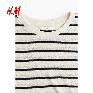 H&M女装2024夏季圆领条纹柔软细密针织T恤1235731 白色/黑色条纹 155/80