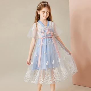 ASK JUNIOR六一女童连衣裙2024夏复古儿童汉服裙薄款短袖网纱公主裙 蓝色 130