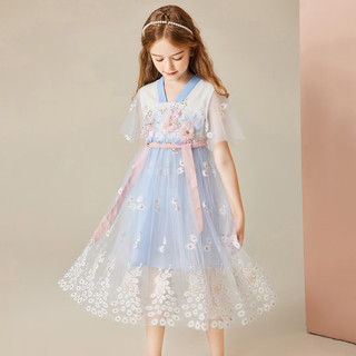 ASK JUNIOR六一女童连衣裙2024夏复古儿童汉服裙薄款短袖网纱公主裙 蓝色 130