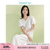 茵曼（INMAN）法式茶歇捏褶V领连衣裙2024夏季女装新款收腰显瘦大插袋长裙 云朵白