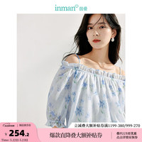 茵曼（INMAN）法式碎花连衣裙2024夏季女装新款系带V领泡泡袖飘逸大摆长裙 蓝花